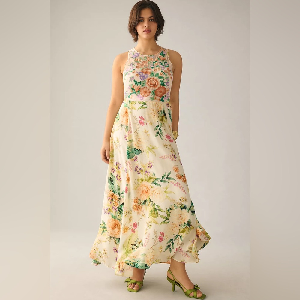 NWT- By Anthropologie Crewneck Embroidered Maxi Dress Size: 14